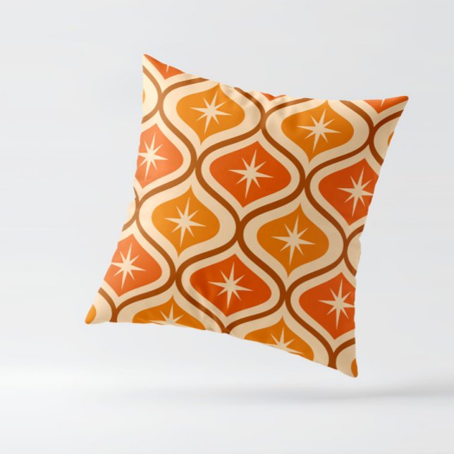 Coussin Explosion d'étoiles atomiques de milieu de siècle  (mid century starbursts on orange and amber ogee throw pillow )