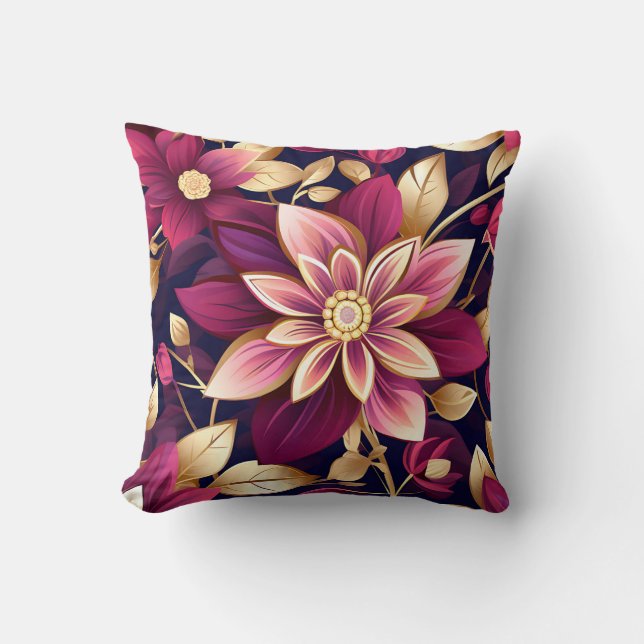 Coussin Explosion Florale Bourgogne Et Or (Recto)