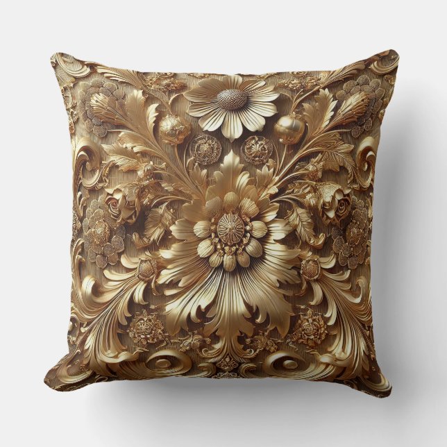 Coussin Exquis Motif Floral en Luxueux Golden Baroque (Recto)