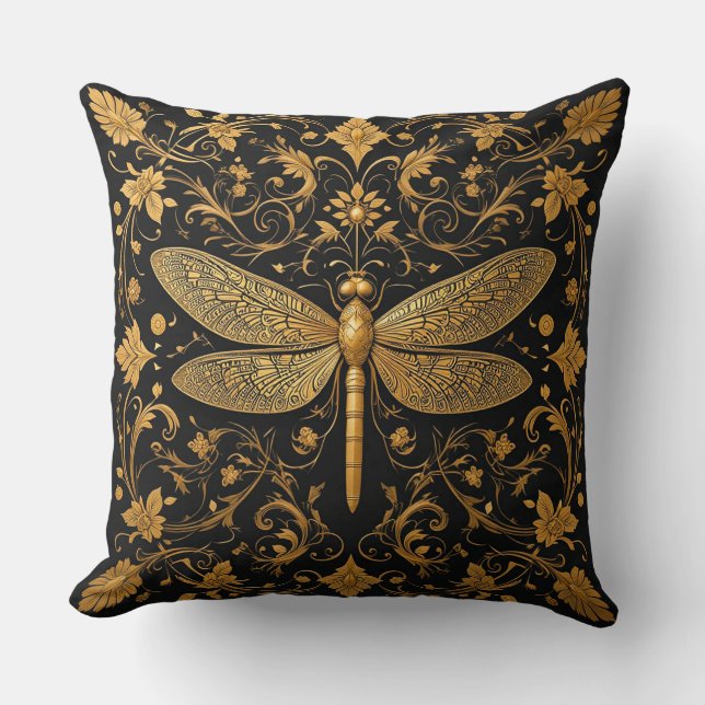 Coussin Exquise libellule d'or avec l'art floral (Recto)