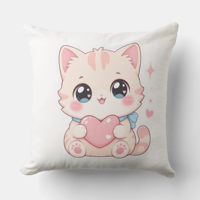 Coussin Extérieur Chat Pastel Mignon Cœur Rose (Recto)