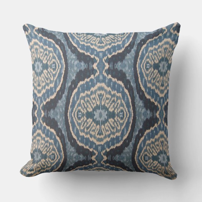 Coussin extérieur de concepteur d'Ikat d'indigo (Recto)