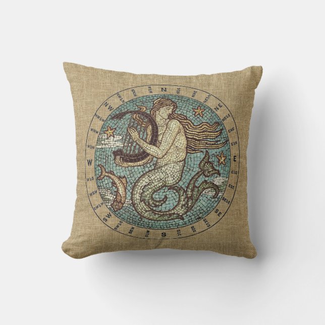 COUSSIN EXTÉRIEUR MERMAID ET COMPASS - carré DE 16 (Recto)