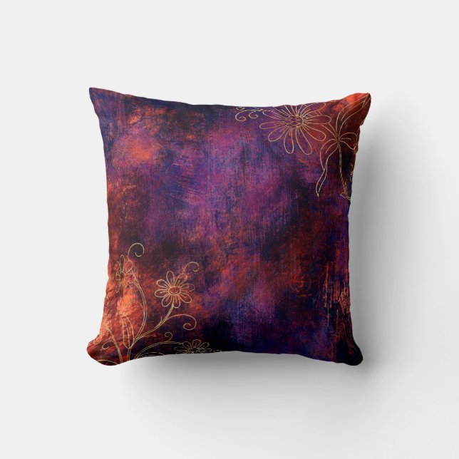 Coussin Extraits floraux d'or sur orange violet (Recto)