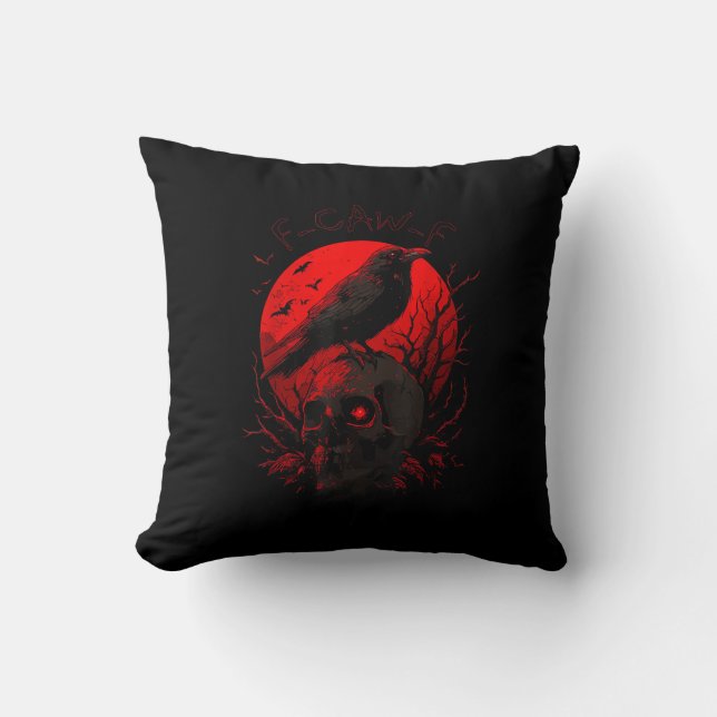 Coussin F-Caw-F Corbeau Drôle Oiseau Lune Rouge Gothique (Recto)