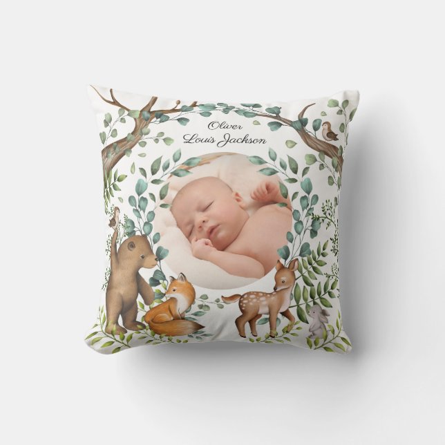 Coussin Fable de forêt | Oiseaux de bois Cadeau nouveau-né (Recto)
