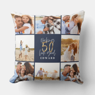 Coussin Faire 50 look beau bleu or photo anniversaire