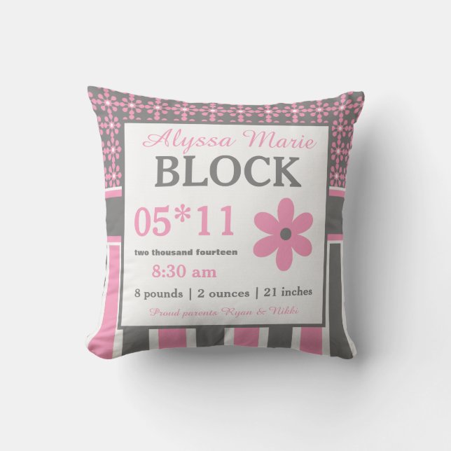 Coussin Faire-part de bébé rose gris floral (Recto)