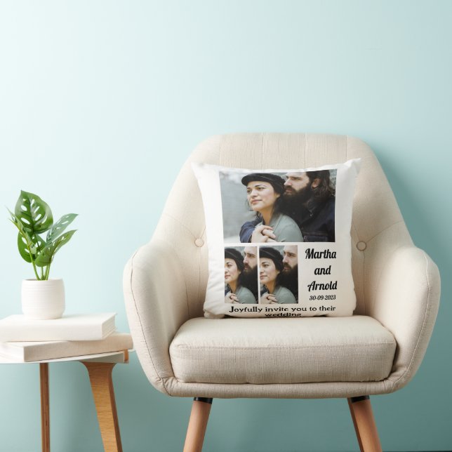 Coussin Faire-part de mariage personnalisé 3 Photo Collage (Chaise)