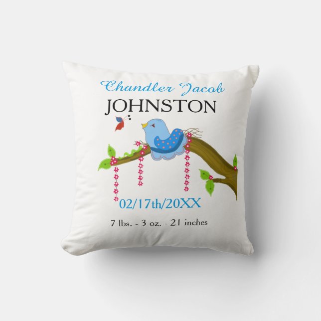 Coussin Faire-part de naissance Blue Bird Baby (Recto)