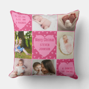 Coussin Faire-part de naissance de Bébé Fille rose moderne