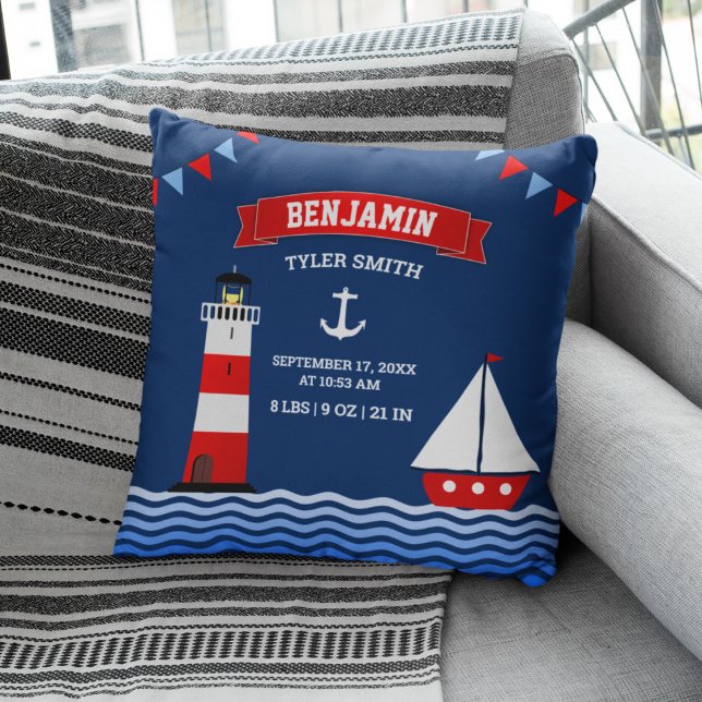 Coussin Faire-part de naissance de bébé garçon phare voili (Créateur téléchargé)