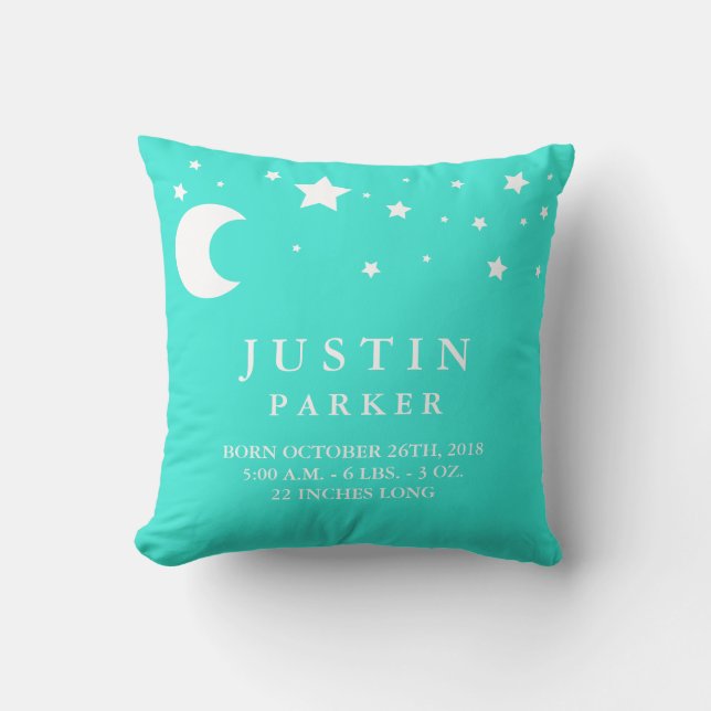 Coussin Faire-part de naissance de bébé Lune et étoiles (Recto)