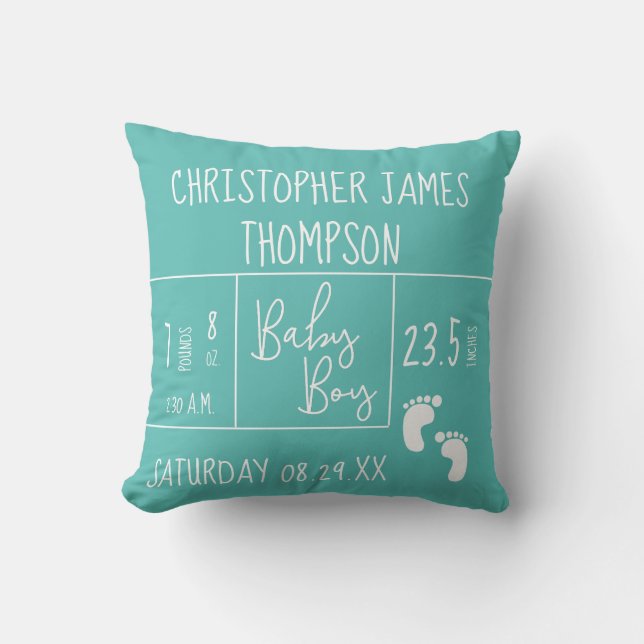 Coussin Faire-part de naissance photo bébé Turquoise bleu  (Recto)