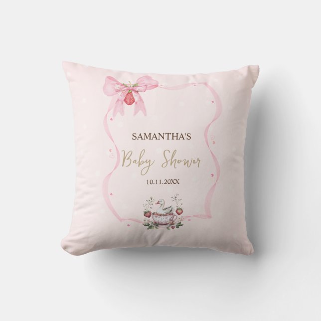 Coussin Fairepart bébé points cadre ruban fraise oie (Recto)