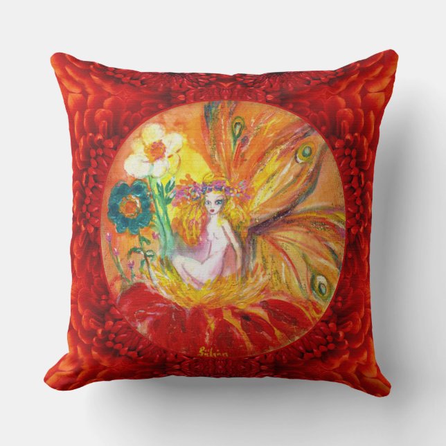 Coussin FAIRY OF THE FLOWERS, Imaginaire blanc jaune rouge (Recto)