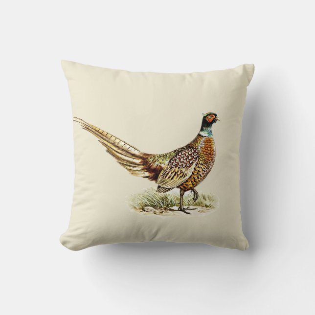 Coussin Faisan élégant vintage sur fond beige crème (Recto)