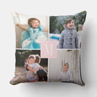 Coussin Faites votre propre photo collage, monogramme rose
