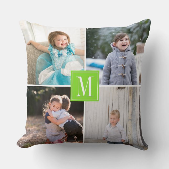 Coussin Faites votre propre photo collage, monogramme vert (Recto)