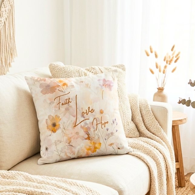 Coussin Faith Hope Love Elegant Floral Watercolor (Créateur téléchargé)