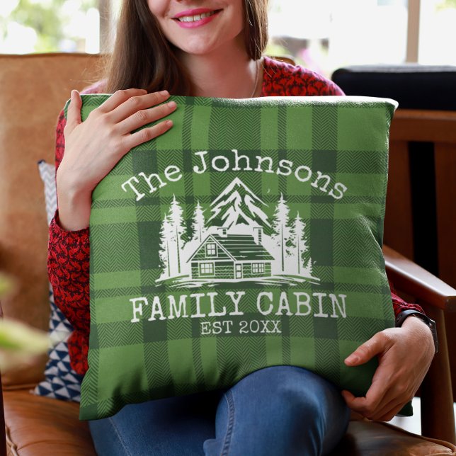 Coussin Famille Cabine Vert Plaid Nom à thème Personnalisé (Créateur téléchargé)