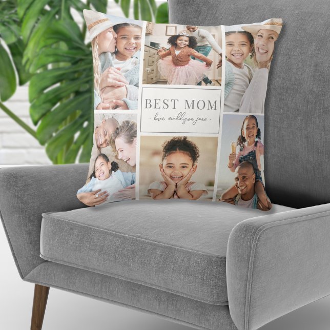 Coussin Famille Collage Monogramme Multiphoto Personnalisé (Custom Monogram Multi Photo Collage Family Throw Pillow )
