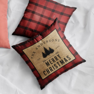Coussin Famille de Campagne Rustique Joyeux Noël Carreaux