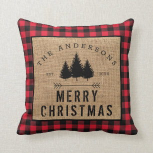 Coussin Famille de Campagne Rustique Joyeux Noël Carreaux