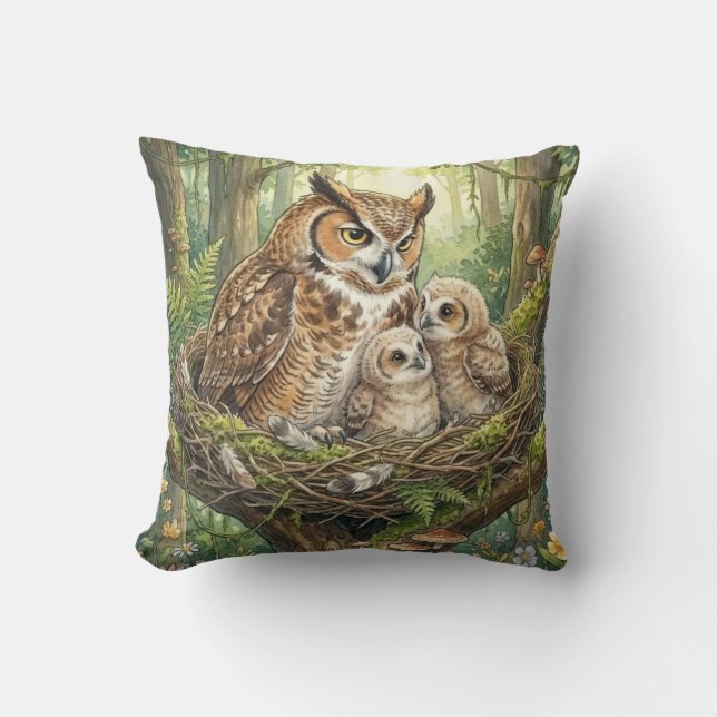 Coussin Famille de Hiboux de la Forêt Enfantine (Recto)