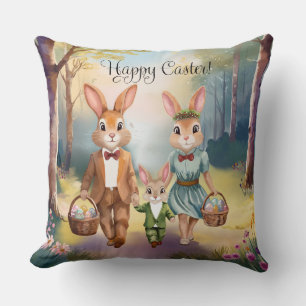 Coussin Famille de lapins de Pâques à la chasse aux œufs -