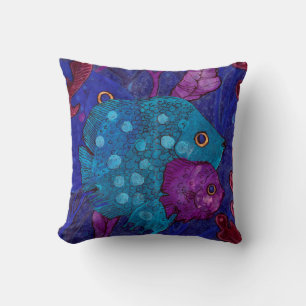 Coussin Famille de poissons, sous-marins, bleus et violets