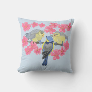 Coussin Famille de poulet bleu et fleurs de cerisier rose