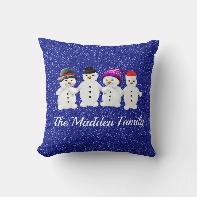 Coussin Famille de quatre Snowmen Blue Sparkle Winter (Recto)