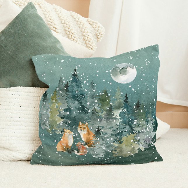 Coussin Famille de renards dans une forêt enneigée sous la (Fox Family in Forest Full Moon Snowfall Christmas Throw Pillow)