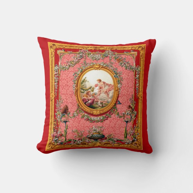 Coussin famille heureuse représentée sur une gravure baroq (Recto)