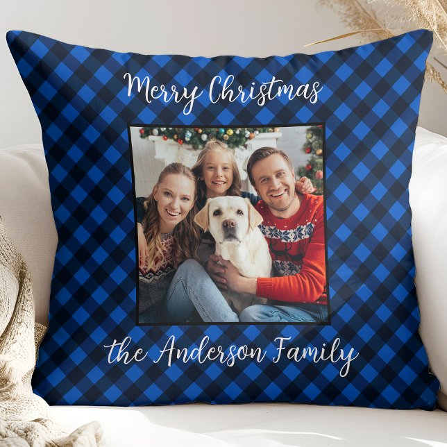 Coussin Famille Noël Personnalisé Photo Bleu Plaid (Créateur téléchargé)