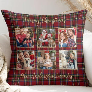 Coussin Famille Noël Plaid Gold Custom 6 Photo Collage