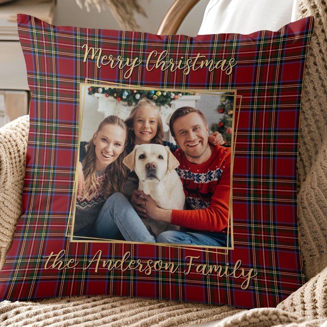Coussin Famille Noël Plaid Gold Personnalisé 2 Photo (Créateur téléchargé)