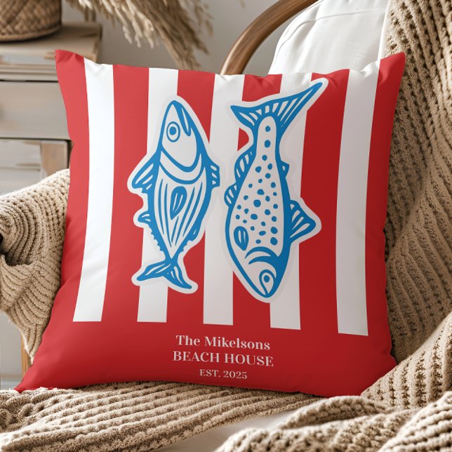 Coussin Famille personnalisée Stripes de sardine rouge mar (Créateur téléchargé)