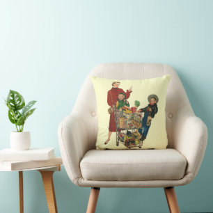 Coussin Famille Rétro, Maman et Enfants Chariot de Courses