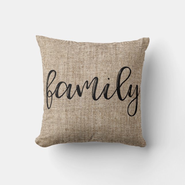 Coussin FAMILLE Toile de jute Marron Rustique de Ferme (Recto)