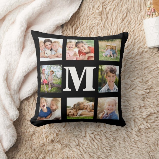 Coussin Family 8 Photo Collage Keepsake Black White (Couverture)