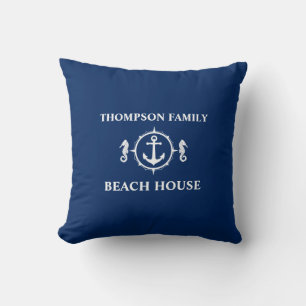 Coussin Family Beach House Seahorse Ancre Marine Bleu blan