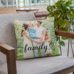 Coussin Family Love Black Script Custom Photo<br><div class="desc">Modern and stylish custom throw pillow features a favorite photo(s) with a minimal "family" typography overlay design that includes elegant flourish and heart details. The black text color can be modified. 2 photo front / back design allows you to include a photo on front and back or two different photos....</div>