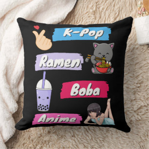 Coussin Fan de la culture pop K-Pop, Ramen, Boba et Anime 