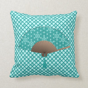 Coussin Fan japonaise dans le motif d'Asanoha, turquoise