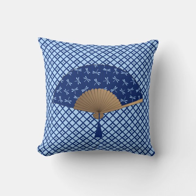 Coussin Fan japonaise, motif de libellule, bleu de cobalt (Recto)