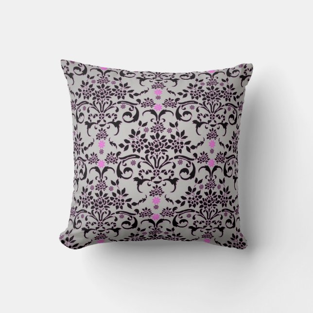 Coussin Fancy Black Silver Purple Floral Damask Modèle (Recto)