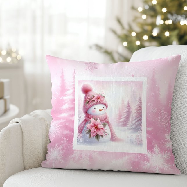 Coussin Fancy Pinkmas Bonhomme de Neige Pastel Hiver Enfan (Fancy Pinkmas Snowman Pastel Winter Kids Pillow)
