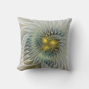Coussin Fantaisie de fleur argentée dorée Art fractal abst